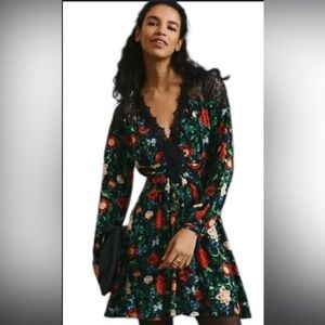 NWT Anthropologie Lacy V-Neck Mini Dress Black Floral Long Sleeve Fit Flare NEW